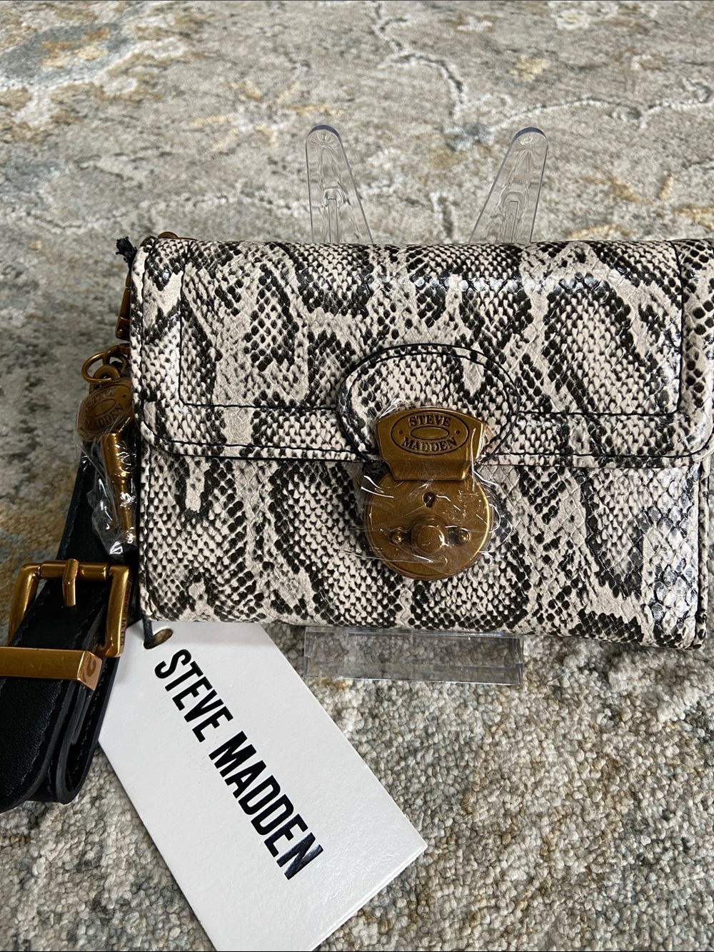 Steve Madden Black & Cream Snake-Print Wallet with Gold Lock and Key Hardware